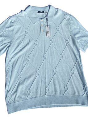 NWT Tahari Knit Polo Shirt Mens XL Blue Textured Argyle Short Sleeve $68 NEW